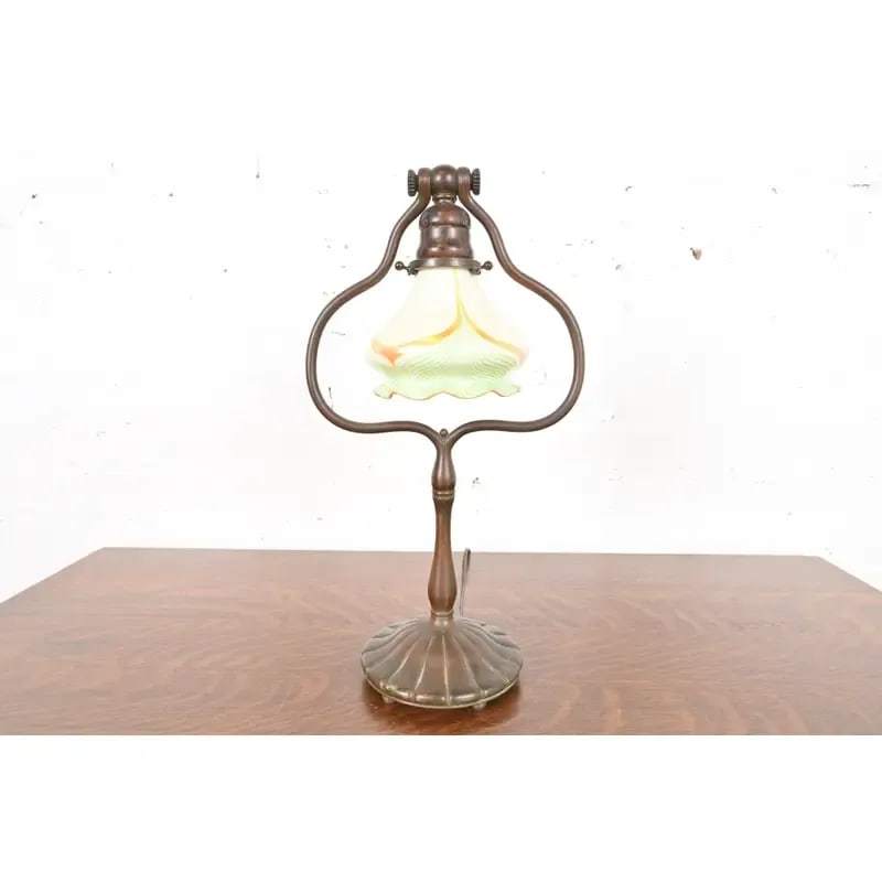 Tiffany Studios New York Bronze Harp Desk Lamp With Pulled Feather Favrile Glass Shade - 15