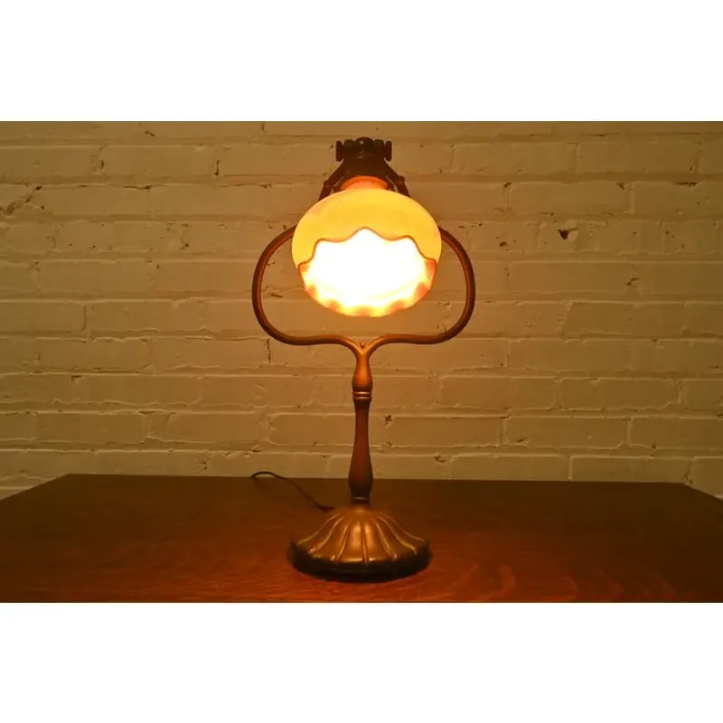 Tiffany Studios New York Bronze Harp Desk Lamp With Pulled Feather Favrile Glass Shade - 5