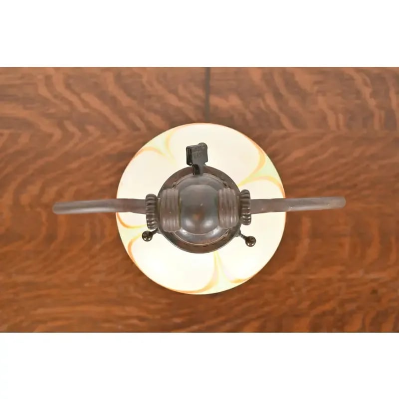 Tiffany Studios New York Bronze Harp Desk Lamp With Pulled Feather Favrile Glass Shade - 6