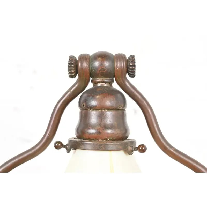 Tiffany Studios New York Bronze Harp Desk Lamp With Pulled Feather Favrile Glass Shade - 7