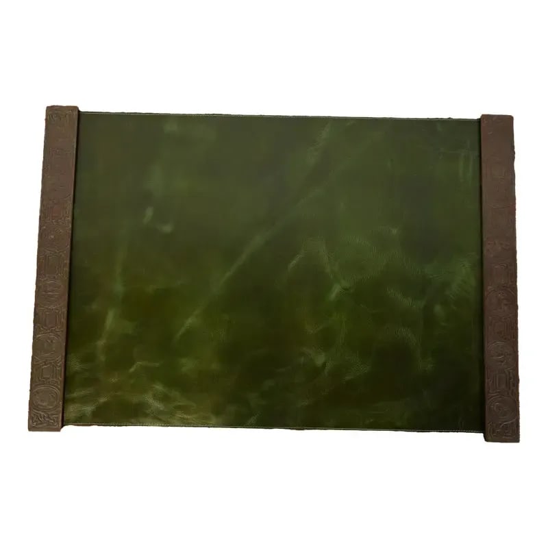 Tiffany Studios New York Zodiac Bronze Blotter Ends With Leather Desk Blotter: A gorgeous pair of Art Deco or Arts & Crafts period bronze blotter ends featuring symbols of the Zodiac, with a custom green leather desk blotter. By Tiffany Studios (blotter ends signed to the unders