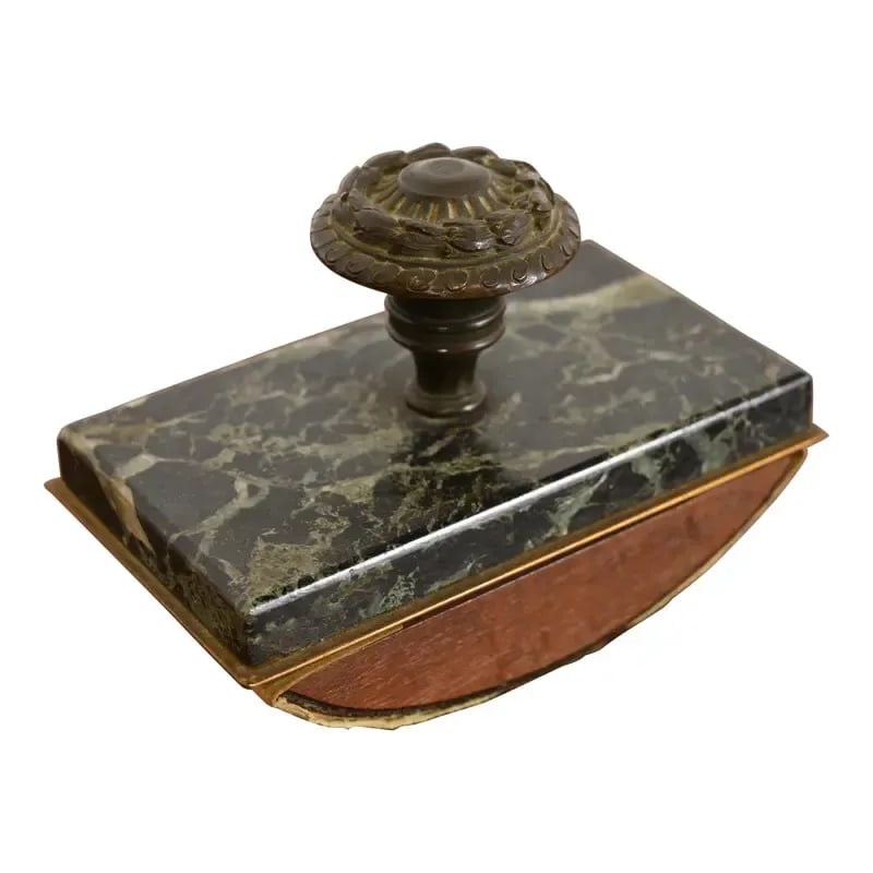 Tiffany & Co. Style Antique Empire Marble Rocker Blotter With Brass Laurel Wreath Handle: An exceptional antique Empire or Neoclassical marble rocker ink blotter with brass laurel wreath handle In the manner of Tiffany & Co. USA, Late 19th Century Measures: 5.13"W x 3"D x 3.75"H. Very good