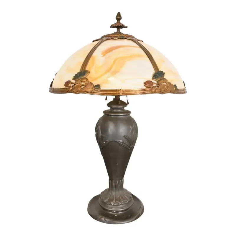 Antique Art Nouveau Slag Glass Table Lamp in the Manner of Handel, Circa 1920s: An exceptional antique Art Nouveau period table lamp with gorgeous six-panel curved caramel slag glass shade In the manner of Handel USA, Circa 1920s Measures: 18"W x 18"D x 27.5"H. Shade measures: 18