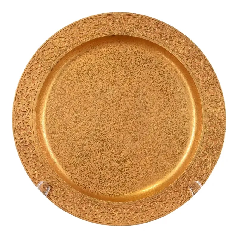 Tiffany Studios New York Bronze Doré Plate or Charger: A gorgeous Arts & Crafts or Art Deco period gilt bronze plate or charger By Tiffany Studios (signed to the underside) New York, USA, Early 20th Century Measures: 9"W x 9"D x 0.5"H. Very good original 