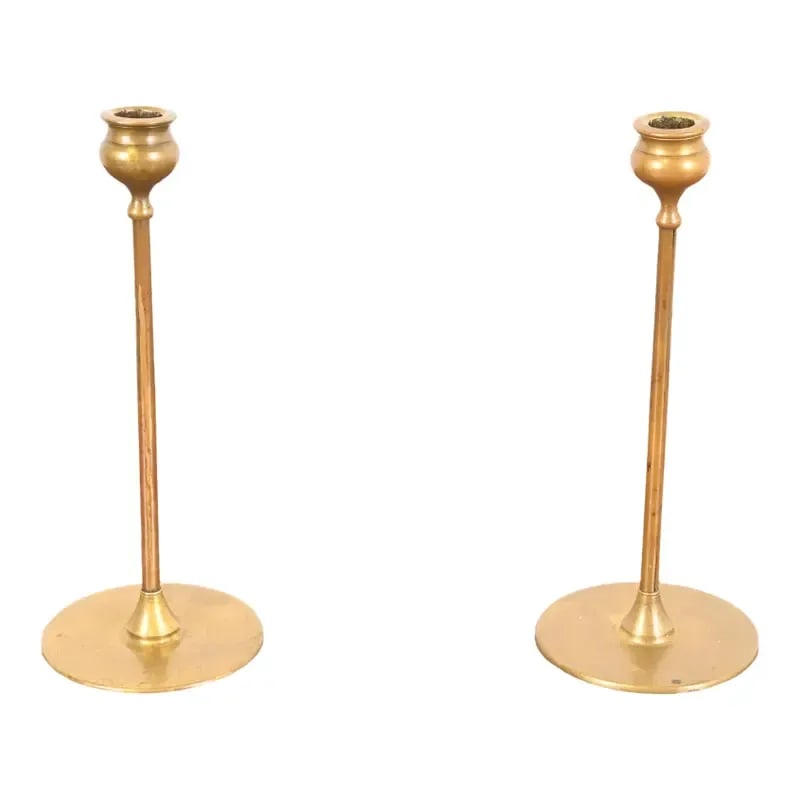 Robert Jarvie Signed Antique Arts & Crafts Turned Brass Tall Candlesticks, Pair (1 of 13)