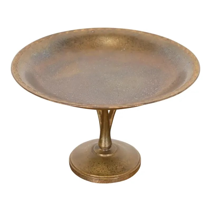 Tiffany Studios New York Bronze Pedestal Bowl or Compote Dish: A gorgeous Arts & Crafts or Art Deco period bronze pedestal bowl or compote dish By Tiffany Studios (signed to the underside) New York, USA, Early 20th Century Measures: 7.13"W x 7.13"D x 4.63"H. Good