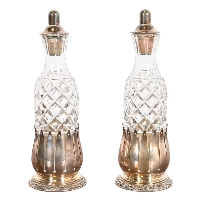 Tiffany & Co. Antique Victorian Silver Plate and Cut Crystal Bottles, Pair: A gorgeous pair of antique Victorian silver plate and cut crystal bottles By Tiffany & Co. (signed to the underside) USA, Late 19th Century Measures: 2.88"W x 2.88"D x 8.5"H. Very good original vintag