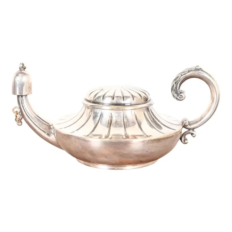 Tiffany & Co. Antique Silverplate Aladdin Lamp Form Table Cigar Lighter: A gorgeous antique Victorian silver soldered Aladdin lamp form table cigar lighter By Tiffany & Co. (signed to the underside) USA, Late 19th Century Measures: 6"W x 3.75"D x 2.5"H. Good original vinta
