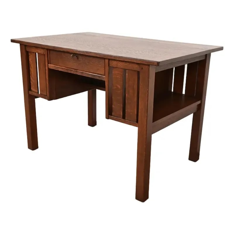 L. & J. G. Stickley Antique Mission Oak Arts & Crafts Desk With Built-in Bookcases, Newly Refinished (1 of 13)