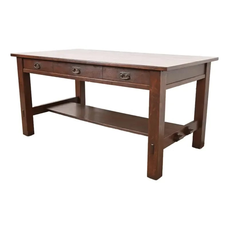 L. & J. G. Stickley Antique Mission Oak Arts & Crafts Writing Desk or Library Table: An exceptional antique Mission or Arts & Crafts writing desk or library table By L. & J.G. Stickley USA, Circa 1912 Quarter sawn oak, with original hammered copper hardware. Measures: 60"W x 31.38"D x