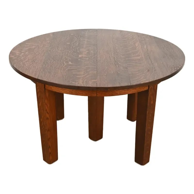 Gustav Stickley Antique Mission Oak Arts & Crafts Extension Dining Table, Circa 1910: A rare and exceptional antique Mission or Arts & Crafts period quarter sawn oak extension dining table By Gustav Stickley USA, Circa 1910 Measures: 48"W x 48"D x 28.25"H. Extends up to 72.5"W with two