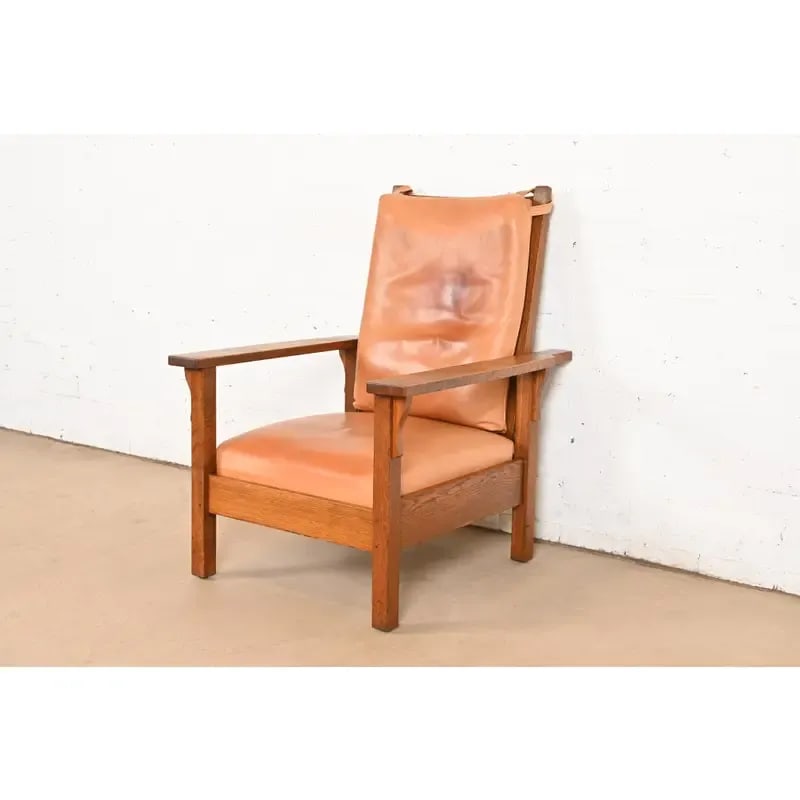 Gustav Stickley Antique Mission Oak Arts & Crafts Open Arm Reclining Morris Lounge Chair, Circa 1910 - 12