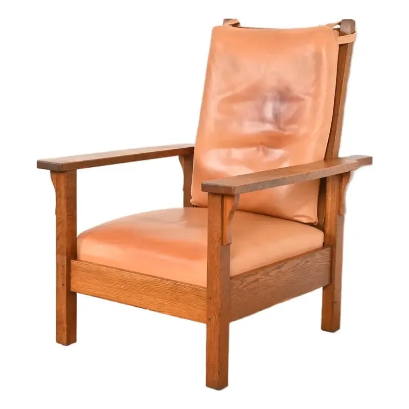 Gustav Stickley Antique Mission Oak Arts & Crafts Open Arm Reclining Morris Lounge Chair, Circa 1910: A gorgeous antique Mission or Arts & Crafts period open arm Morris reclining lounge chair By Gustav Stickley USA, Circa 1910 Solid quarter sawn oak frame, with leather upholstered seat and back cushio
