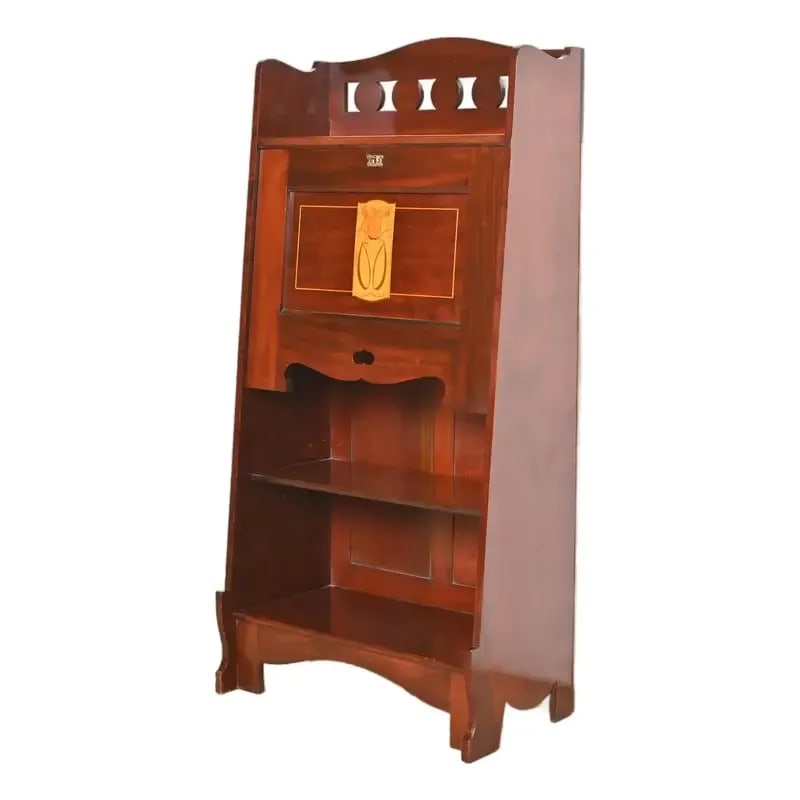 Stickley Brothers Style Antique Mission Arts & Crafts Inlaid Mahogany Drop Front Secretary Desk: An exceptional Mission or Arts & Crafts drop front secretary desk In the manner of Stickley Brothers USA, Circa 1900 Carved mahogany, with satinwood inlaid marquetry, and original brass hardware. Meas