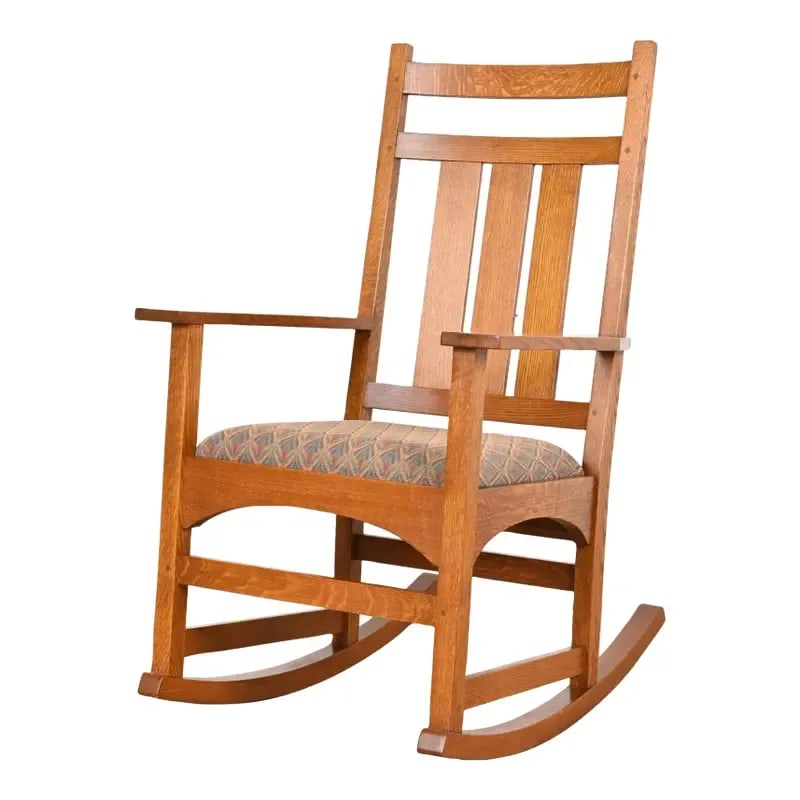 Stickley Harvey Ellis Collection Mission Oak Arts & Crafts Rocking Chair: A gorgeous Mission or Arts & Crafts style rocking chair By L. & J.G. Stickley, "Harvey Ellis Collection" USA, 1990s Solid quarter sawn oak frame, with upholstered seat. Measures: 24.5"W x 31"D x 41.5"