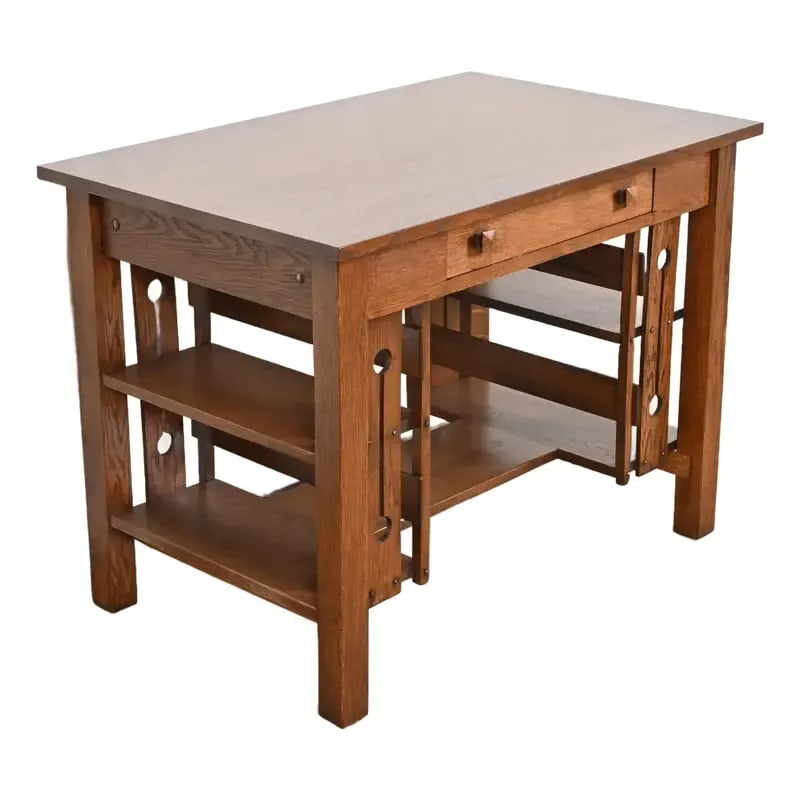 Stickley Brothers Style Antique Mission Oak Arts & Crafts Desk With Built-In Bookcases: An exceptional antique Mission or Arts & Crafts period writing desk or library table with built-in bookcases In the manner of Stickley Brothers USA, Circa 1900 Measures: 40"W x 26"D x 29.75"H. Profess