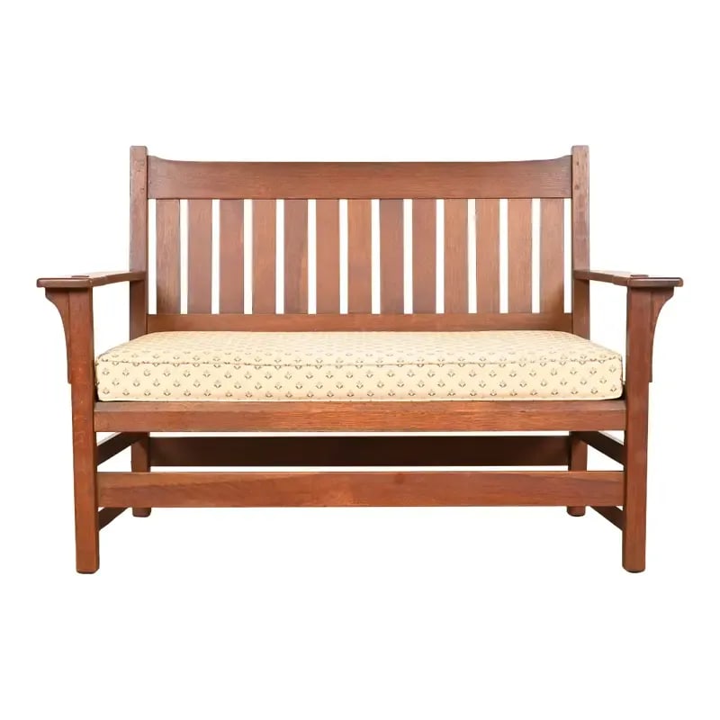 L. & J. G. Stickley Antique Mission Oak Arts & Crafts Open Arm Settee or Loveseat, Circa 1900: A beautiful antique Mission or Arts & Crafts loveseat, settee, or sofa By L. & J.G. Stickley (signed with branded mark) USA, Circa 1900 Solid quarter sawn oak, with upholstered seat cushion. Measures: