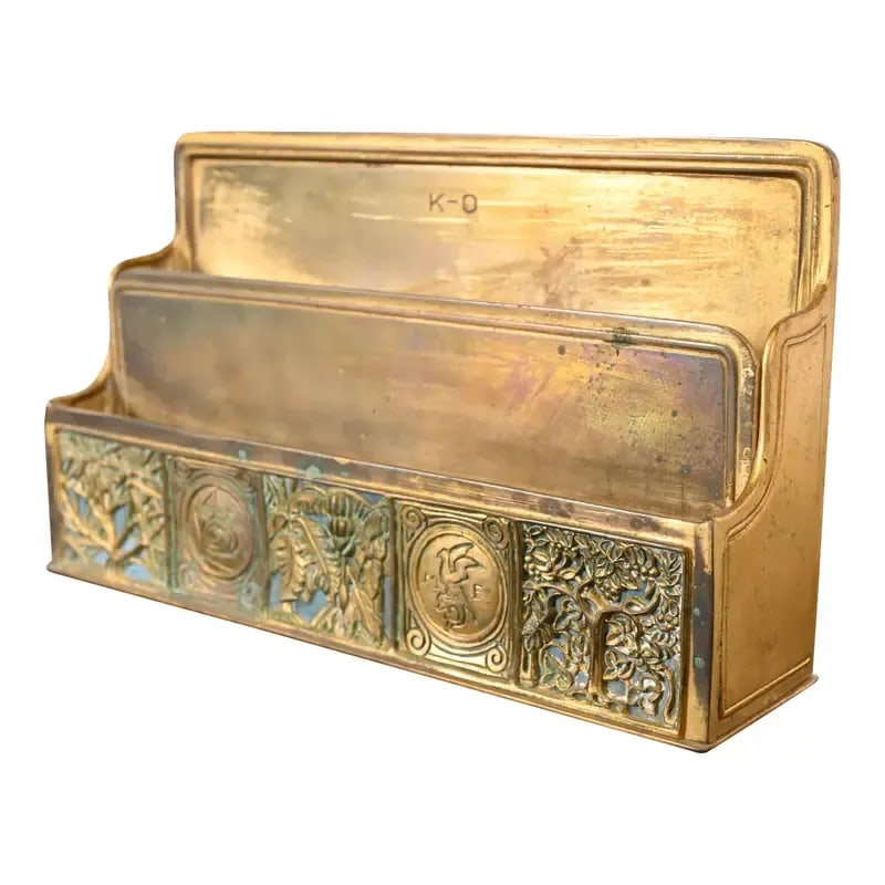 Tiffany Studios New York Bookmark Pattern Bronze Doré Letter Rack: A gorgeous Arts & Crafts period "Bookmark" pattern gilt bronze desk letter rack By Tiffany Studios (signed to the underside) New York, USA, 1918 Measures: 9.25"W x 2.25"D x 5.38"H. Good original vinta
