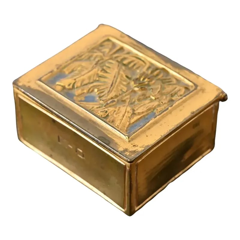 Tiffany Studios New York Bookmark Bronze Doré Stamp Box: A stunning antique gilt bronze stamp box in the Bookmark design By Tiffany Studios (signed to the underside) New York, USA, 1918 Measures: 2.5"W x 2"D x 1.25"H. Good original vintage condition, with b