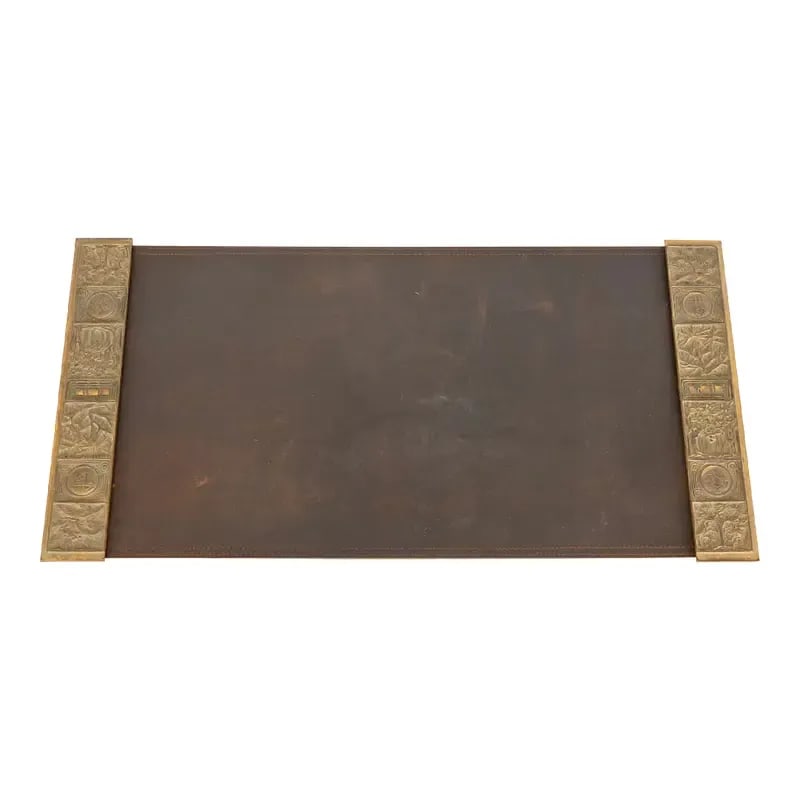 Tiffany Studios New York Bookmark Pattern Bronze Blotter Ends With Leather Desk Pad (1 of 12)