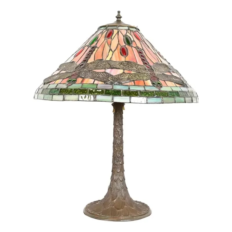 Tiffany Studios Style Arts & Crafts Bronze Table Lamp With Dragonfly Shade (1 of 9)