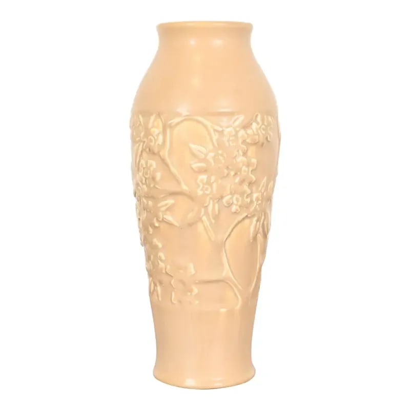 Rookwood Pottery Arts & Crafts Large Glazed Ceramic Dogwood Decorated Vase, 1922: A gorgeous Arts & Crafts period large glazed art pottery vase with dogwood decoration By Rookwood Pottery USA, 1922 Glazed ceramic in a beautiful light tan color. Measures: 4.25"W x 4.25"D x 10.25"H. 