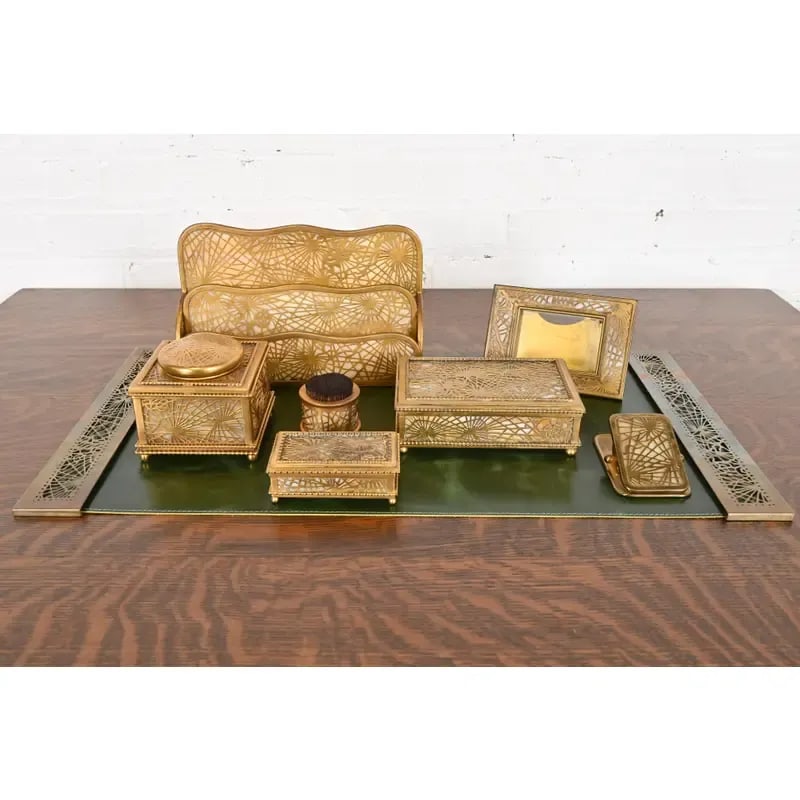 Tiffany Studios New York Pine Needle Bronze Doré and Slag Glass Eight-Piece Desk Set, Circa 1910 - 12