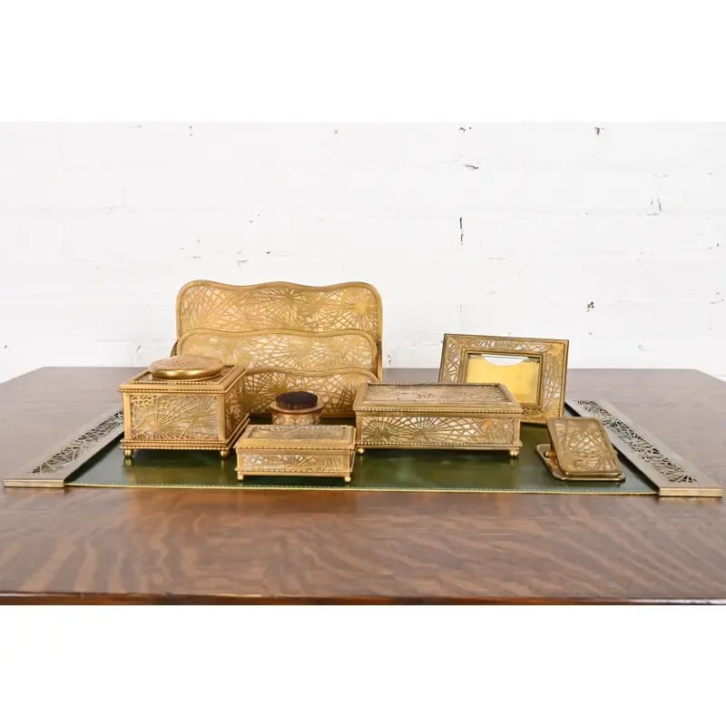 Tiffany Studios New York Pine Needle Bronze Doré and Slag Glass Eight-Piece Desk Set, Circa 1910 - 2