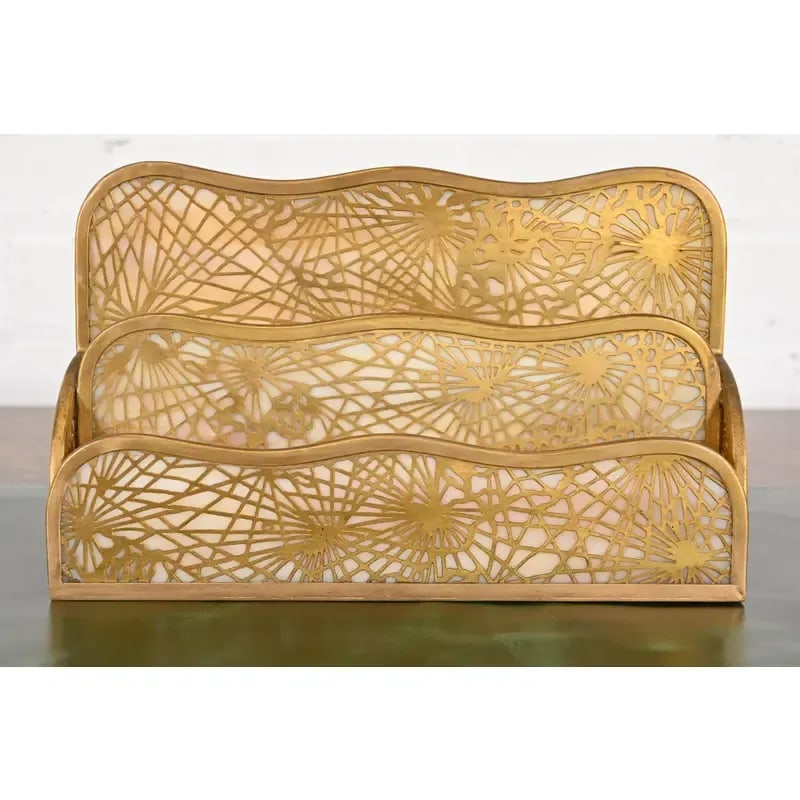 Tiffany Studios New York Pine Needle Bronze Doré and Slag Glass Eight-Piece Desk Set, Circa 1910 - 4