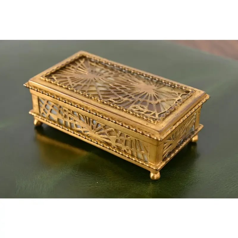 Tiffany Studios New York Pine Needle Bronze Doré and Slag Glass Eight-Piece Desk Set, Circa 1910 - 7