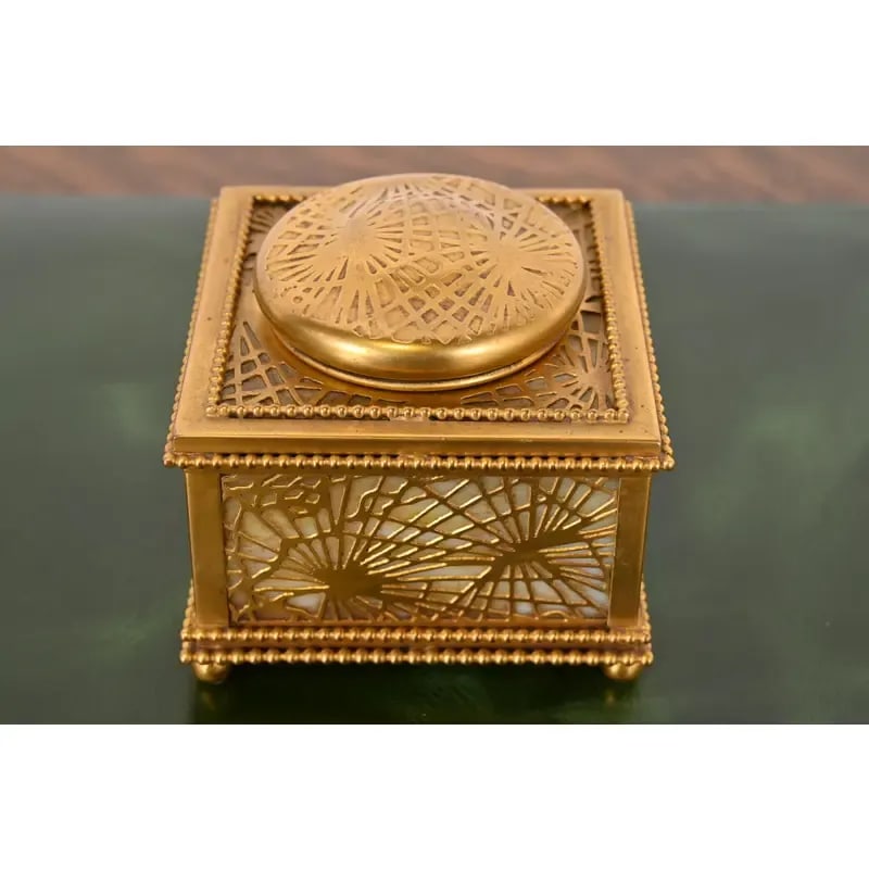 Tiffany Studios New York Pine Needle Bronze Doré and Slag Glass Eight-Piece Desk Set, Circa 1910 - 8
