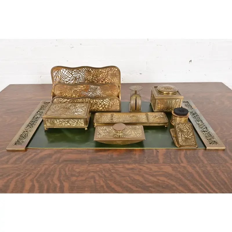 Tiffany Studios New York Pine Needle Bronze Doré and Slag Glass Nine-Piece Desk Set, Circa 1910 - 12