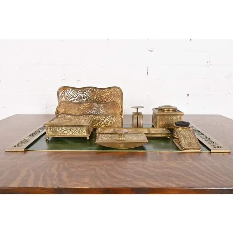 Tiffany Studios New York Pine Needle Bronze Doré and Slag Glass Nine-Piece Desk Set, Circa 1910 - 2