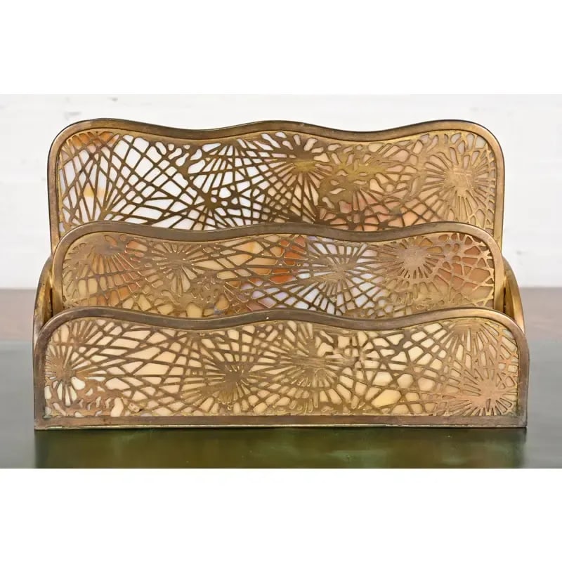 Tiffany Studios New York Pine Needle Bronze Doré and Slag Glass Nine-Piece Desk Set, Circa 1910 - 3