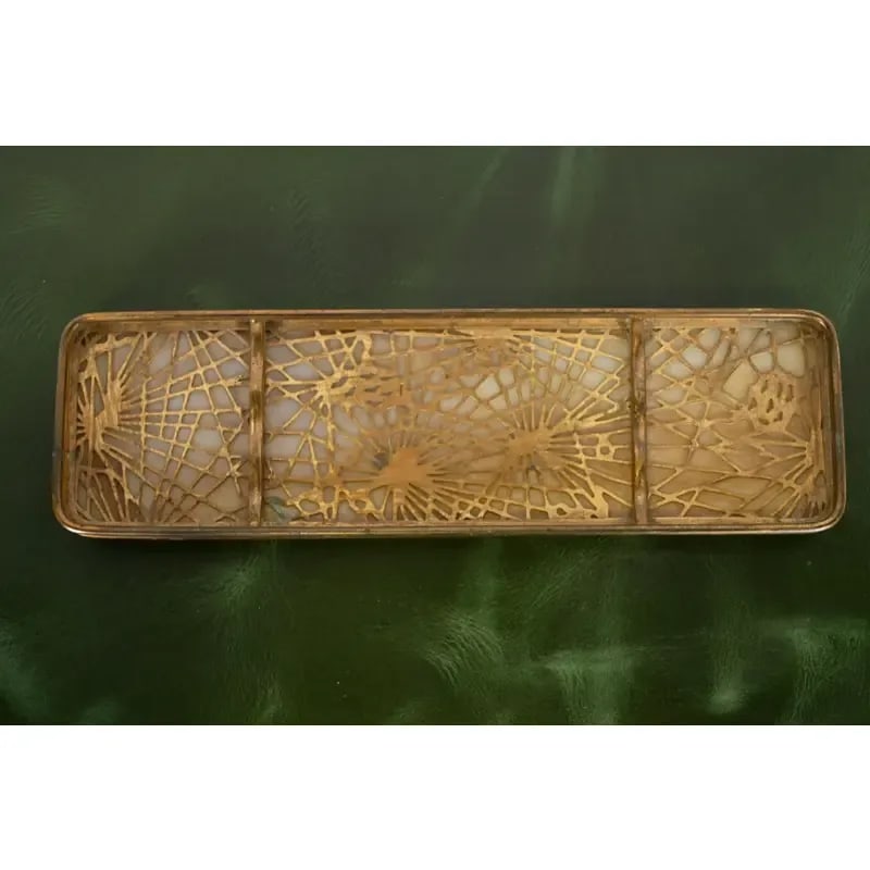 Tiffany Studios New York Pine Needle Bronze Doré and Slag Glass Nine-Piece Desk Set, Circa 1910 - 4