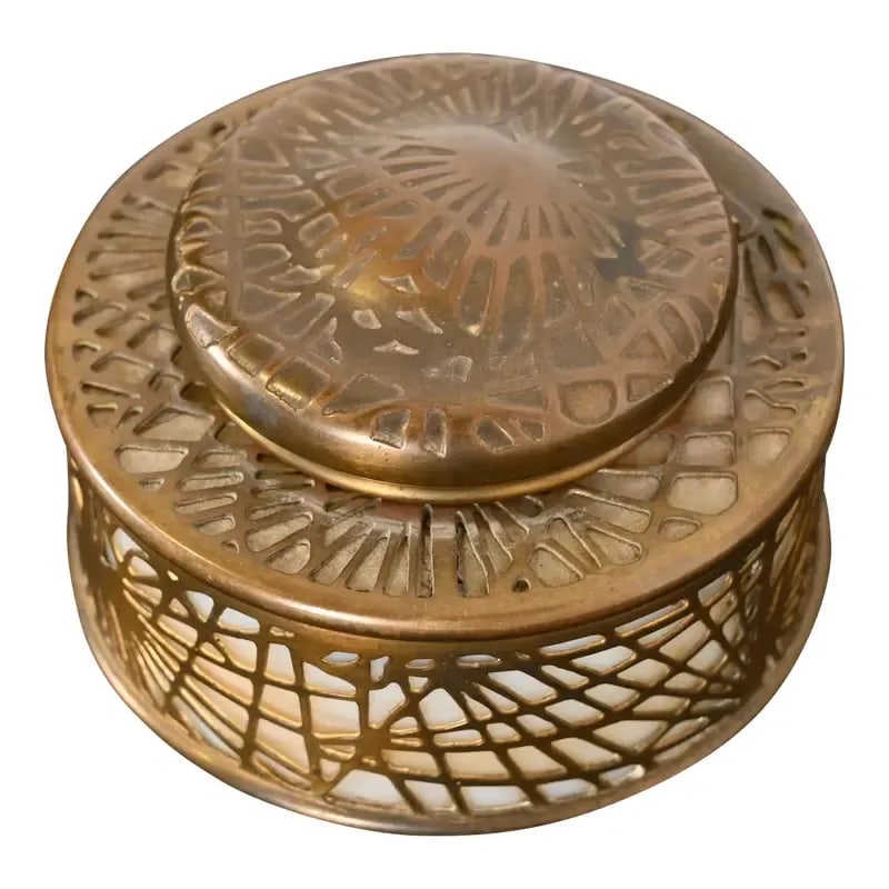 Tiffany Studios New York Pine Needle Bronze Doré and Slag Glass Inkwell: A gorgeous Arts & Crafts or Art Deco period gilt bronze and slag glass "Pine Needle" pattern inkwell By Tiffany Studios (signed to the underside) New York, USA, Early 20th Century Measures: 3.75"W x 3