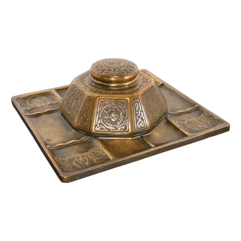 Tiffany Studios New York Zodiac Bronze Doré Partner's Inkwell With Desk Tray: A gorgeous antique Arts & Crafts or Art Deco period gilt bronze partner's inkwell with desk tray featuring the iconic Zodiac pattern By Tiffany Studios (signed to the underside) New York, USA, Early 2