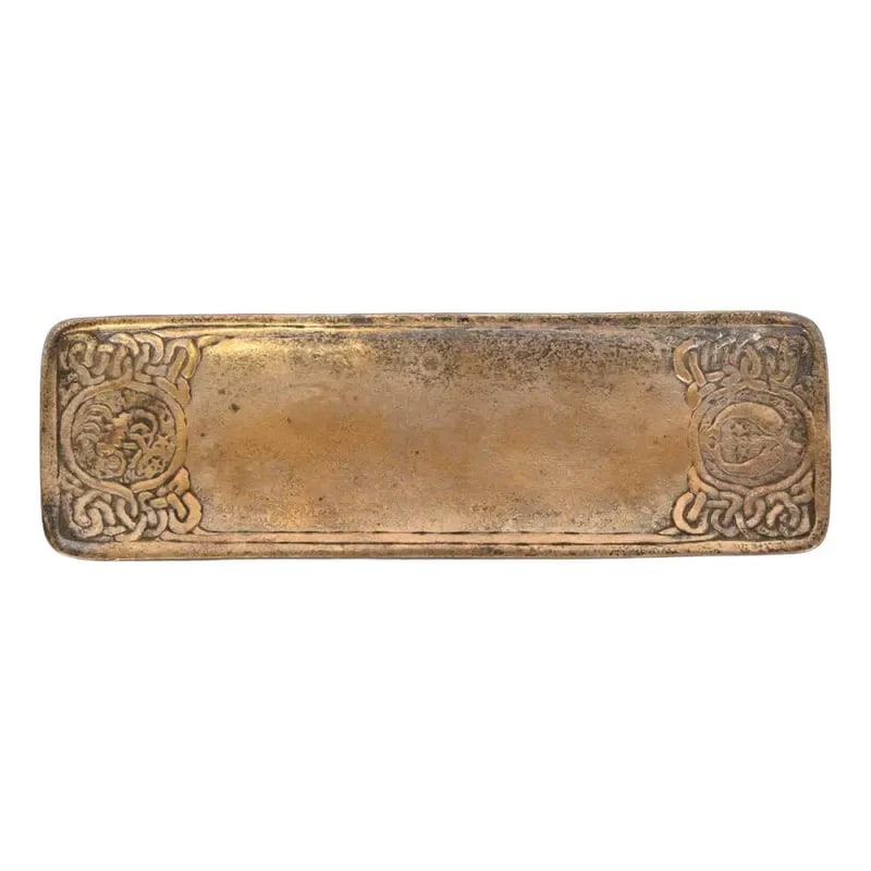 Tiffany Studios New York Zodiac Pattern Bronze Doré Pen Tray: A gorgeous antique Arts & Crafts or Art Deco period gilt bronze "Zodiac" pattern pen tray By Tiffany Studios (signed to the underside) New York, USA, Early 20th Century Measures: 10"W x 3.13"D x 0.38"