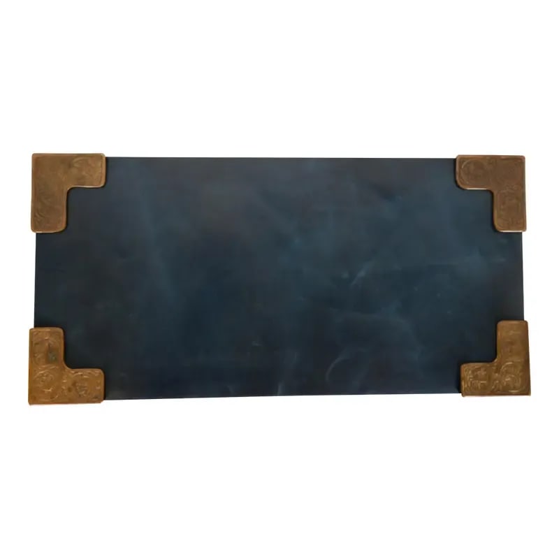 Tiffany Studios New York Zodiac Bronze Blotter Corners With Leather Desk Blotter: A gorgeous set of four Art Deco or Arts & Crafts period bronze blotter corners featuring symbols of the Zodiac, with a custom blue leather desk blotter. By Tiffany Studios (blotter corners signed to t