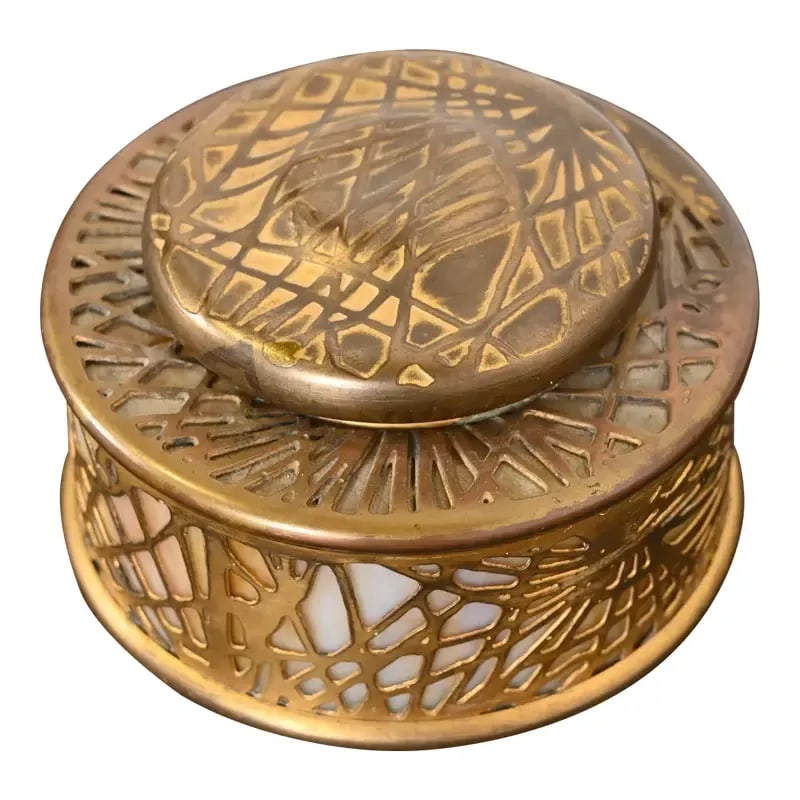 Tiffany Studios New York Pine Needle Bronze Doré and Slag Glass Inkwell: A gorgeous Arts & Crafts or Art Deco period gilt bronze and slag glass "Pine Needle" pattern inkwell By Tiffany Studios (signed to the underside) New York, USA, Early 20th Century Measures: 3.75"W x 3