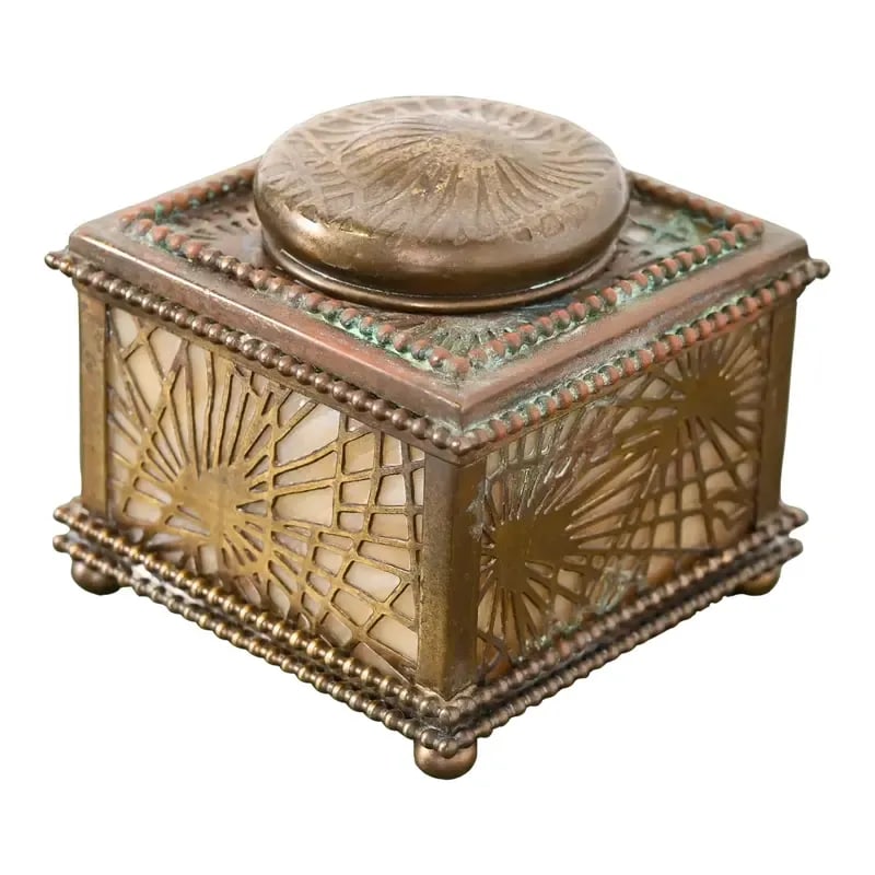 Tiffany Studios New York Pine Needle Bronze Doré and Slag Glass Inkwell: A gorgeous Arts & Crafts or Art Deco period gilt bronze and slag glass "Pine Needle" pattern inkwell By Tiffany Studios (signed to the underside) New York, USA, Early 20th Century Measures: 3.25"W x 3