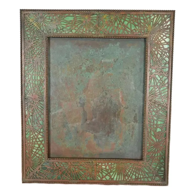 Tiffany Studios New York Pine Needle Bronze and Green Slag Glass Large Picture Frame, Circa 1910 (1 of 12)