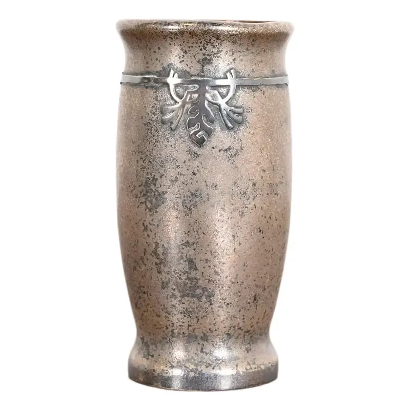 Silver Crest Arts & Crafts Sterling Silver on Bronze Vase: A beautiful Arts & Crafts period sterling silver on bronze vase By Silver Crest (the mark of Smith Metal Arts Co.), an offshoot of Heintz Art Metal Shop USA, Early 20th Century Measures: 2.5"W x 2.5"D