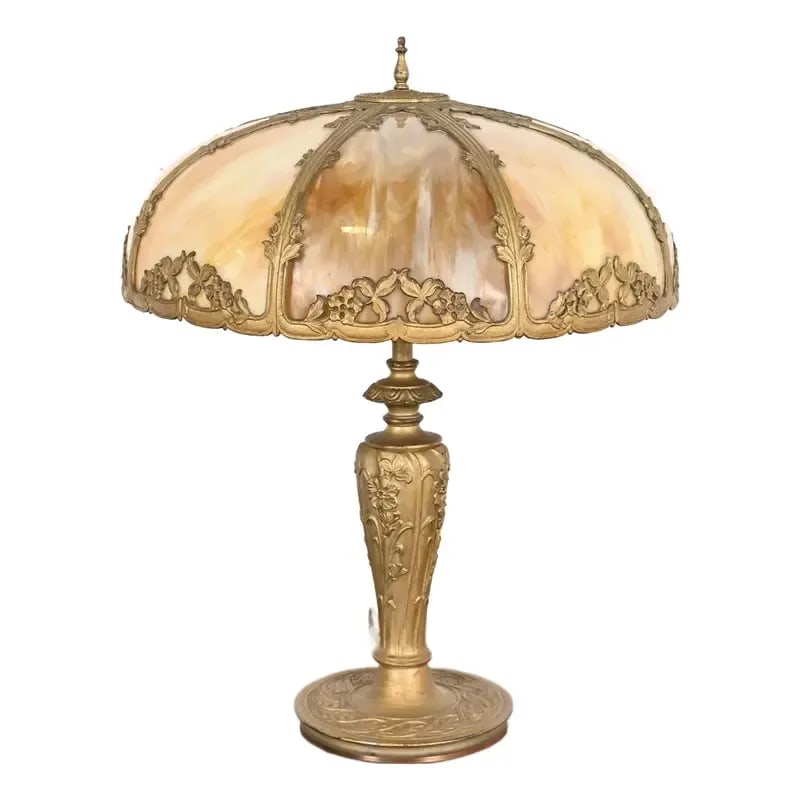 Antique Art Nouveau Slag Glass Table Lamp in the Manner of Handel, Circa 1920s: An exceptional antique Art Nouveau period table lamp with gorgeous eight-panel curved caramel slag glass shade In the manner of Handel USA, Circa 1920s Measures: 19"W x 19"D x 24.5"H. Shade measures: 