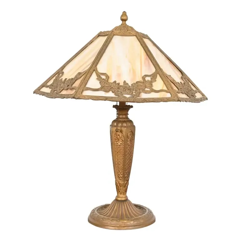 Antique Art Nouveau Slag Glass Table Lamp in the Manner of Handel, Circa 1910: An exceptional antique Art Nouveau period table lamp with gorgeous caramel slag glass shade In the manner of Handel By Salem Bros. USA, Circa 1910 Measures: 18"W x 18"D x 22.25"H. Shade measures: 18"W