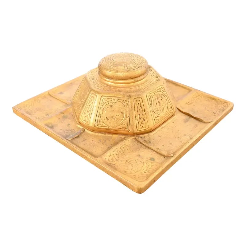 Tiffany Studios New York Zodiac Bronze Doré Partner's Inkwell With Desk Tray: A gorgeous antique Arts & Crafts or Art Deco period gilt bronze partner's inkwell with desk tray featuring the iconic Zodiac pattern. By Tiffany Studios (signed to the underside) New York, USA, Early 