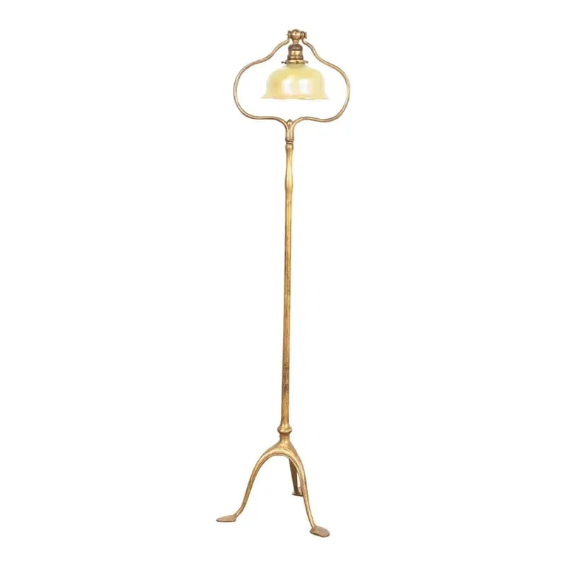 Tiffany Studios New York Gilt Bronze Harp Floor Lamp With Favrile Glass Shade: An outstanding Arts & Crafts or Art Deco period floor lamp By Tiffany Studios (signed to the underside of one foot) New York, USA, Early 20th Century Gilt bronze stand, with gorgeous iridescent Favril