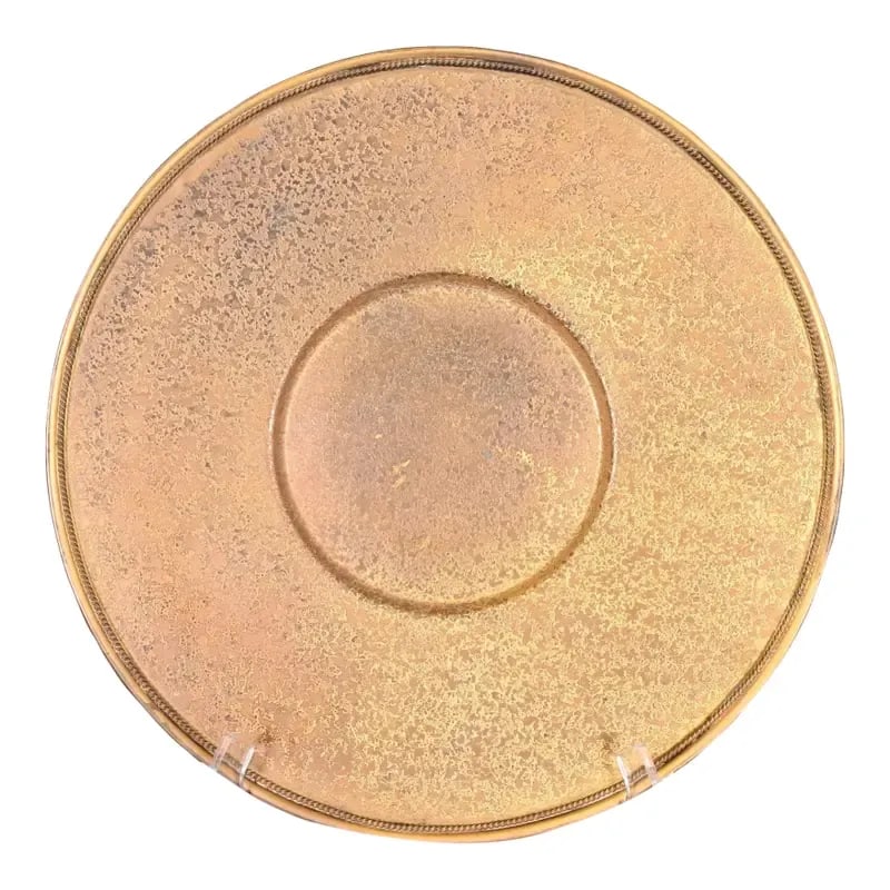 Louis Comfort Tiffany Furnaces Favrile Bronze Doré Charger Plate or Serving Tray: A gorgeous Arts & Crafts or Art Deco period gilt bronze charger plate or serving tray By Louis Comfort Tiffany Furnaces Inc. (signed to the underside) New York, USA, 1920s Measures: 14"W x 14"D x 0.75