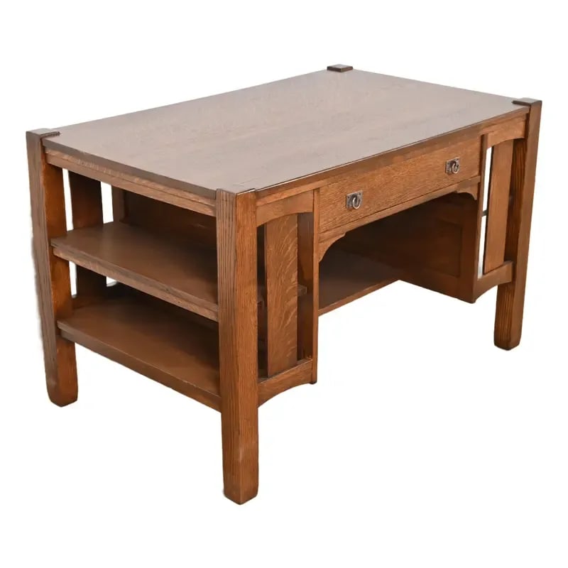 Stickley Brothers Antique Mission Oak Arts & Crafts Desk With Built-In Bookcases, Newly Refinished: An exceptional antique Mission or Arts & Crafts writing desk or library table with built-in bookcases By Stickley Brothers USA, Circa 1900 Quarter sawn oak, with hammered copper hardware. Measures: 47