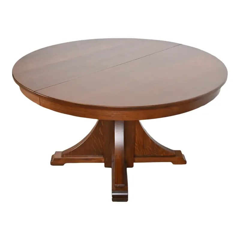 Stickley Brothers Antique Mission Oak Arts & Crafts Pedestal Extension Dining Table, Newly Restored: A rare and exceptional Mission or Arts & Crafts quarter sawn oak pedestal extension dining table By Stickley Brothers USA, Circa 1900 Measures: 54"W x 54"D x 30"H. Extends up to 88"W with two 17" leav